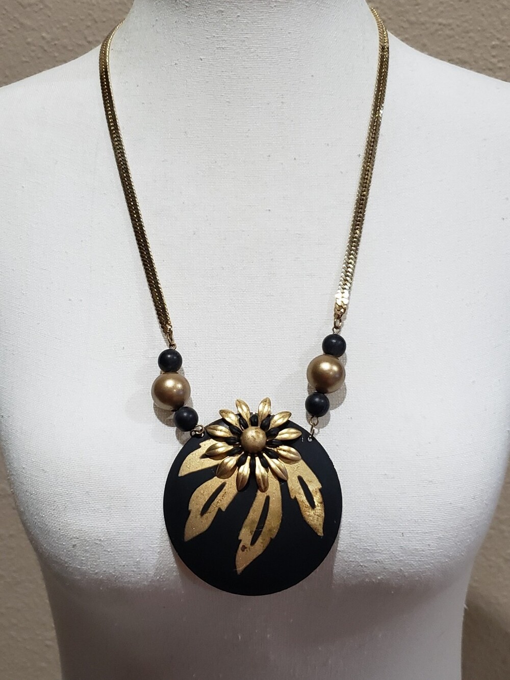 Gold and Black Floral Pendant Necklace, Vintage